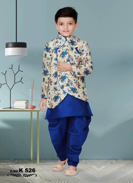 Cream And Royal Blue Colour Kids Party Wear Kurta Pajama Catalog K 526