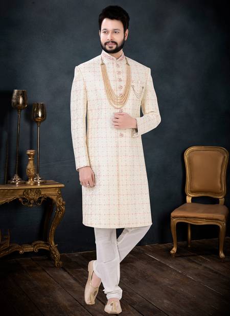 Cream And White Colour Wedding Wear mens Wholesale Indo Western Catalog 1688
