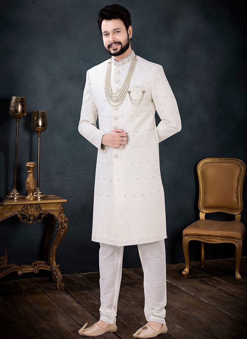 Cream And White Wedding Wear Mens Wholesale Indo Western 1689