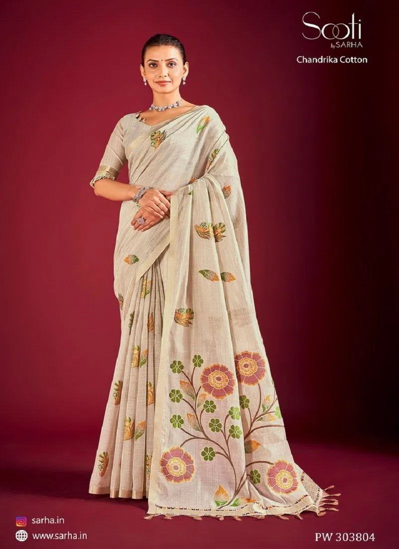 Cream Brown Multi Colour Chandrika By Sarha Linen Designer Saree Suppliers In India PW 303804