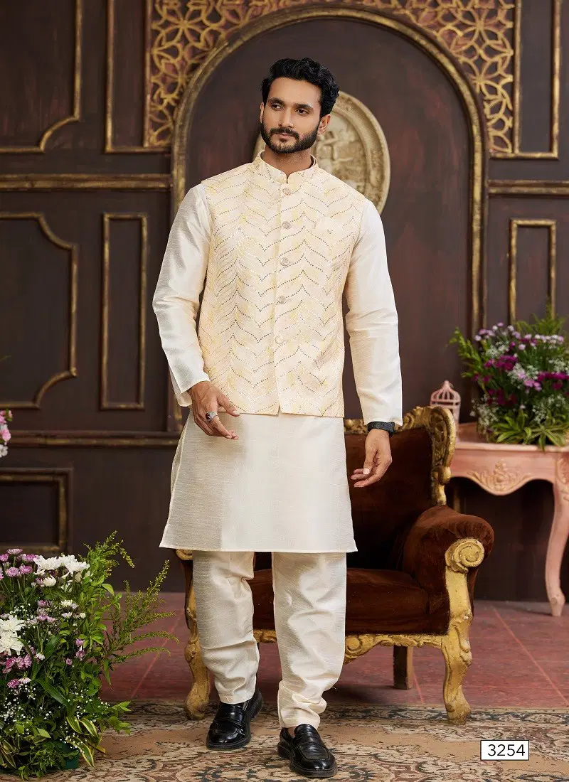 Cream Colour 1643 Party Wear Art Banarasi Silk Mens Modi Jacket Kurta Pajama Wholesale Online 3254