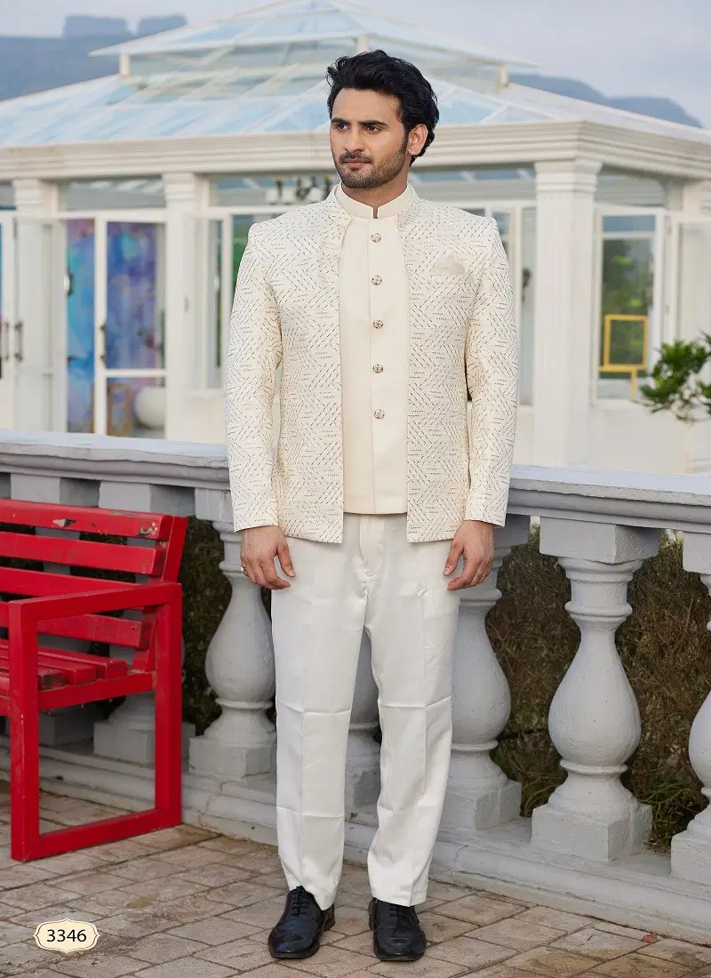 Cream Colour 3345 To 3350 Party Wear Art Silk Mens Jodhpuri Suit Wholesale Market 3346