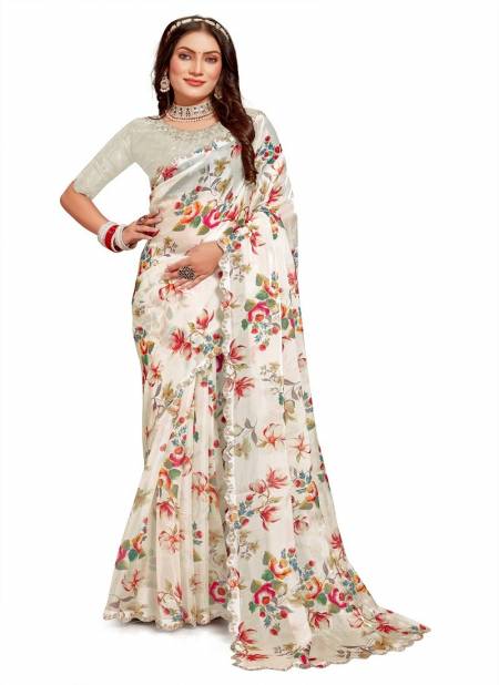 Cream Colour Crystal Digital By Nari Fashion Floral Organza Silk Saree Wholesale Online 7792