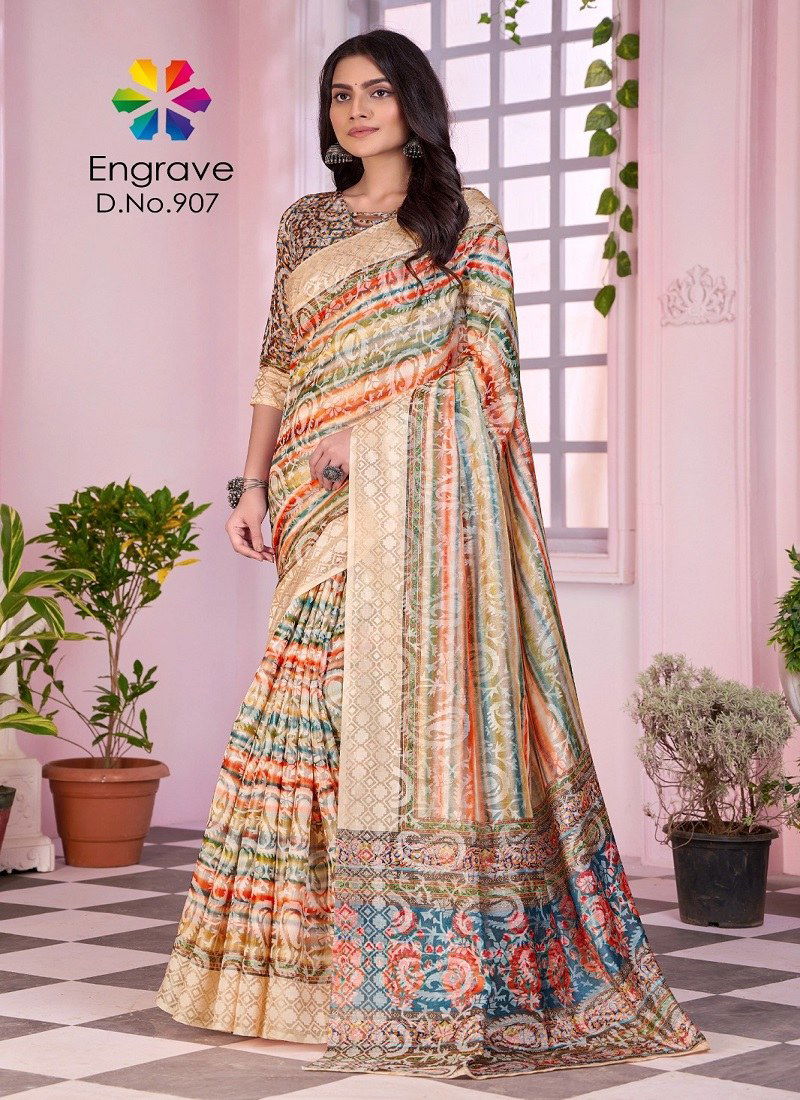 Cream Colour Engrave By Jivora Chanderi Silk Daily Wear Saree Suppliers In India 907