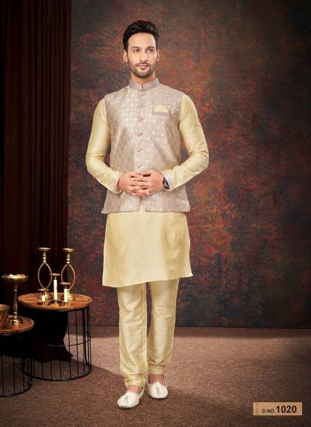 Cream Colour GS Fashion Party Wear Jacquard Mens Modi Jacket Kurta Pajama Wholesale Shop In Surat 1020
