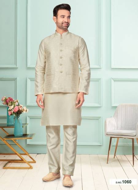 Cream Colour GS Fashion Wedding Wear Mens Designer Modi Jacket Kurta Pajama Wholesale Online 1060