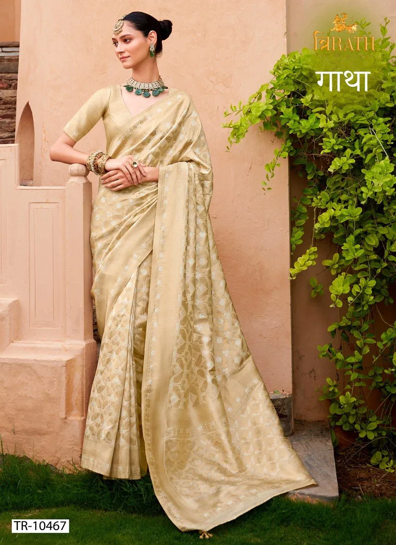 Cream Colour Gatha By Trirath Banarasi Silk Wedding Wear Saree Exporters In India TR-10467