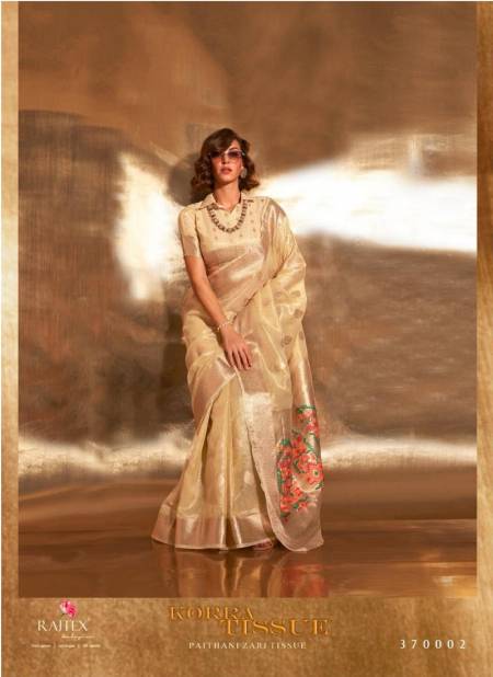 Cream Colour Korra Tissue By Rajtex 370001 To 370006 Paithani Zari Wedding Sarees Wholesale Shop In Surat 370002