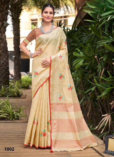 Cream Colour Linen Fashion By Sangam Linen Designer Saree Catalog 1002