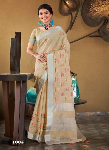 Cream Colour Linen Queen By Sangam Linen Designer Saree Catalog 1005