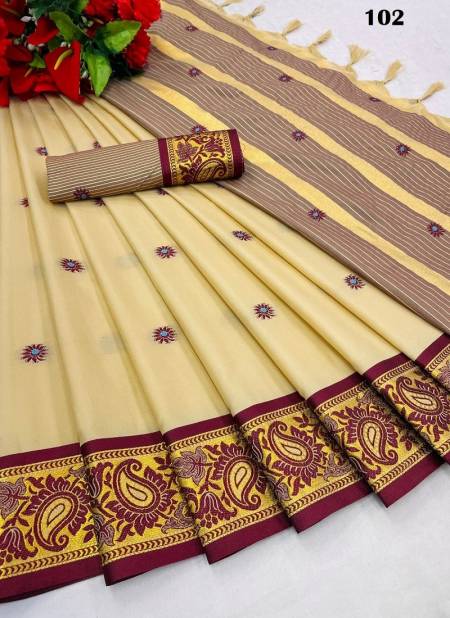 Cream Colour M AV 101 TO 108 Series Aura cotton Silk Wear Sarees Wholesale Online 102