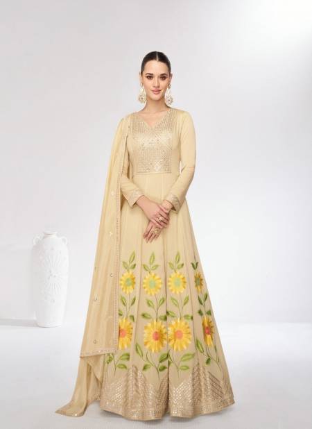 Cream Colour Marigold By Aashirwad Silk Gown With Dupatta Exporters In India 9979