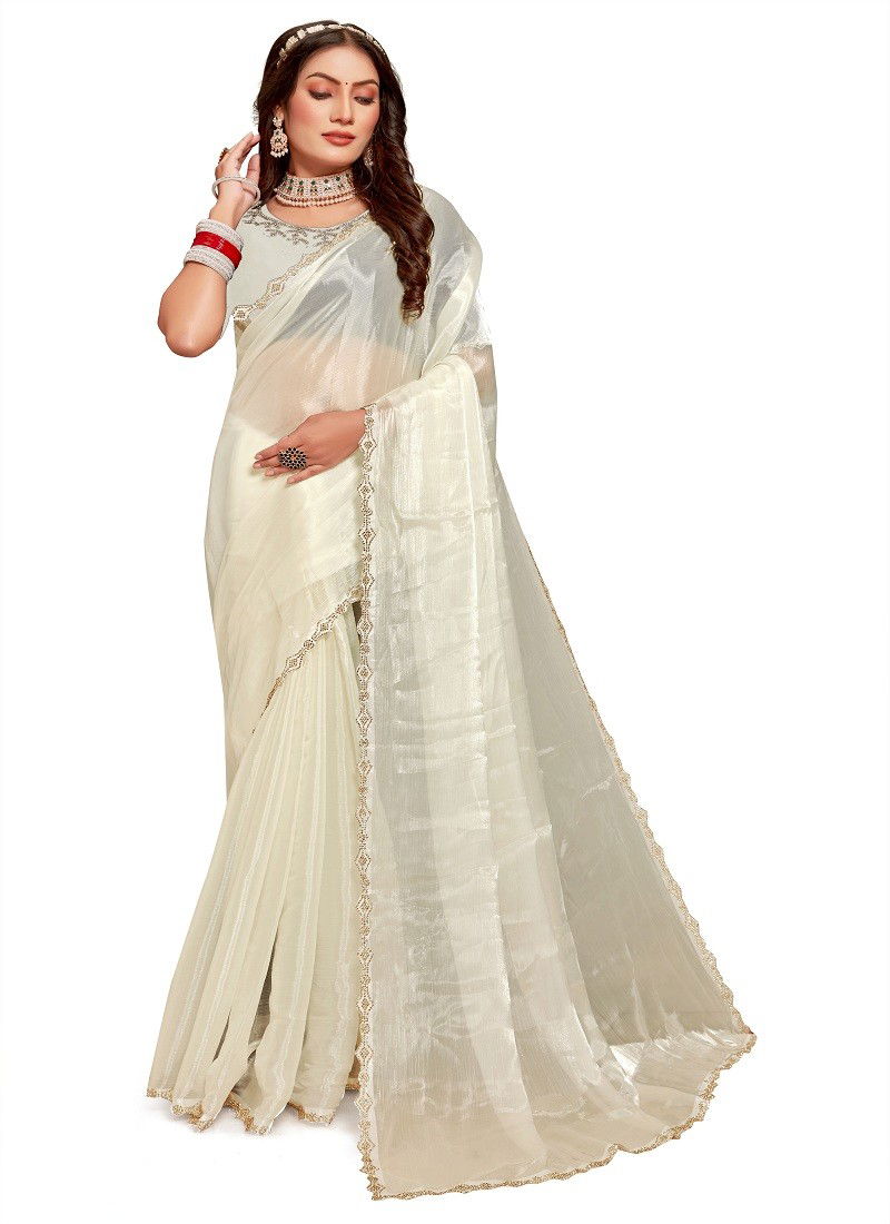 Cream Colour Millie By Nari Fashion Desginer Jimmy Choo Silk Saree Exporters In India 7782