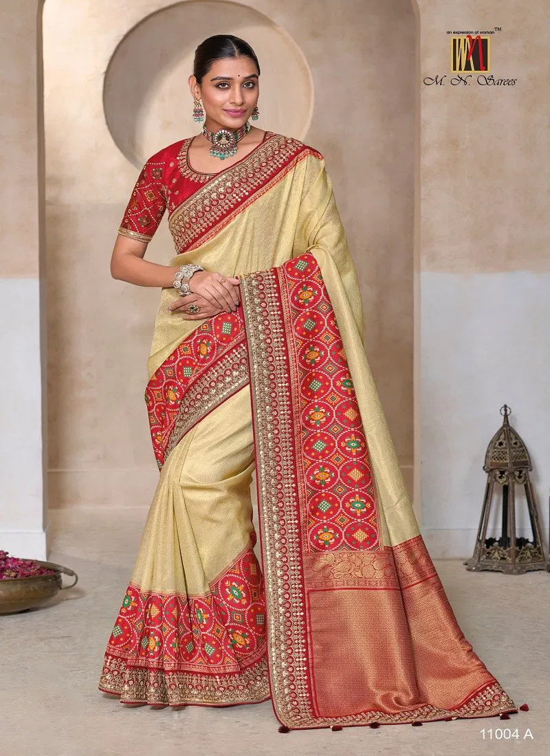 Cream Colour Mn 11004 Hit Kanjivaram Wedding Wear Saree Suppliers In India 11004A