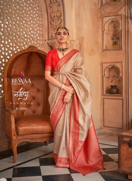 Cream Colour Narmada By Rewaa Banarasi Silk Designer Saree Catalog R 1046