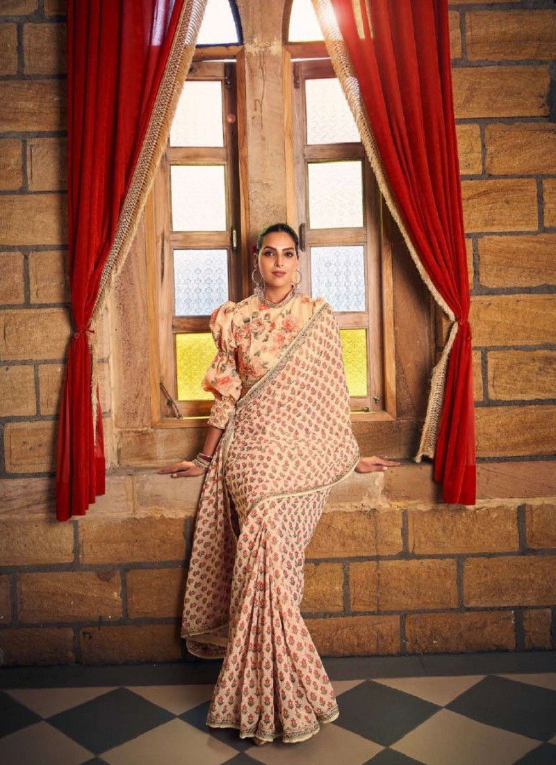 Cream Colour Nayika By Vouch Georgette Fancy Readymade Saree Surat Wholesale Market 1001