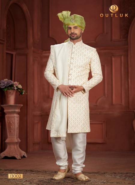 Cream Colour Outluk Wedding Collection Vol 13 Heavy Silk Mens Wear Groom Sherwani Manufacturers 13002