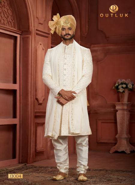 Cream Colour Outluk Wedding Collection Vol 13 Heavy Silk Mens Wear Sherwani Manufacturers 13004