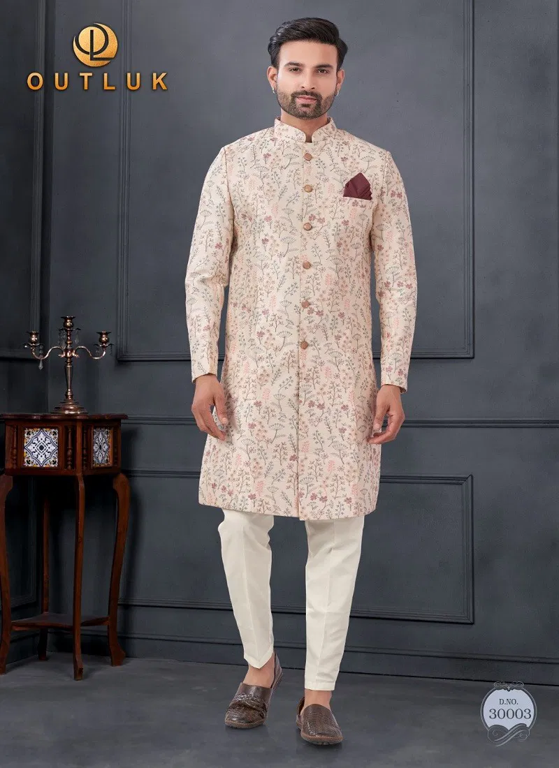 Cream Colour Outluk Wedding Collection Vol 30 Silk Mens Wholesale Indo Western Manufacturers 30003