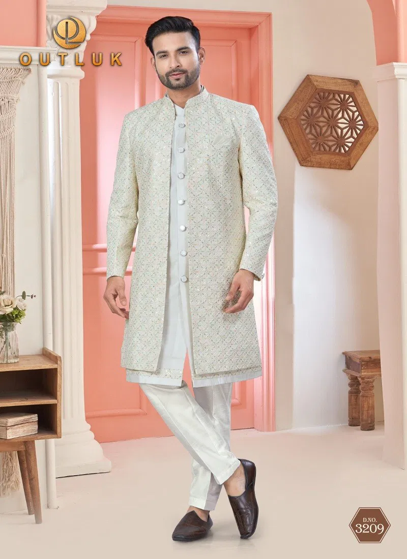 Cream Colour Outluk Wedding Collection Vol 32 Party Wear Mens Indo Western Manufacturers 3209