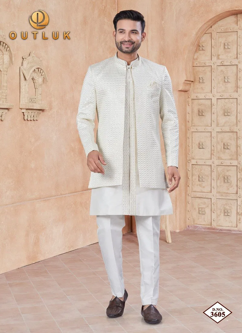 Cream Colour Outluk Wedding Collection Vol 36 Party Wear Mens Indo Western Wholesale Manufacturers 3605