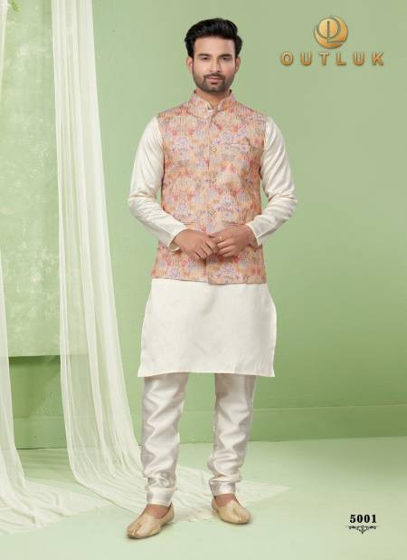 Cream Colour Outluk Wedding Collection Vol 5 Mens Wear Modi Jacket Kurta Pajama Catalog 5001