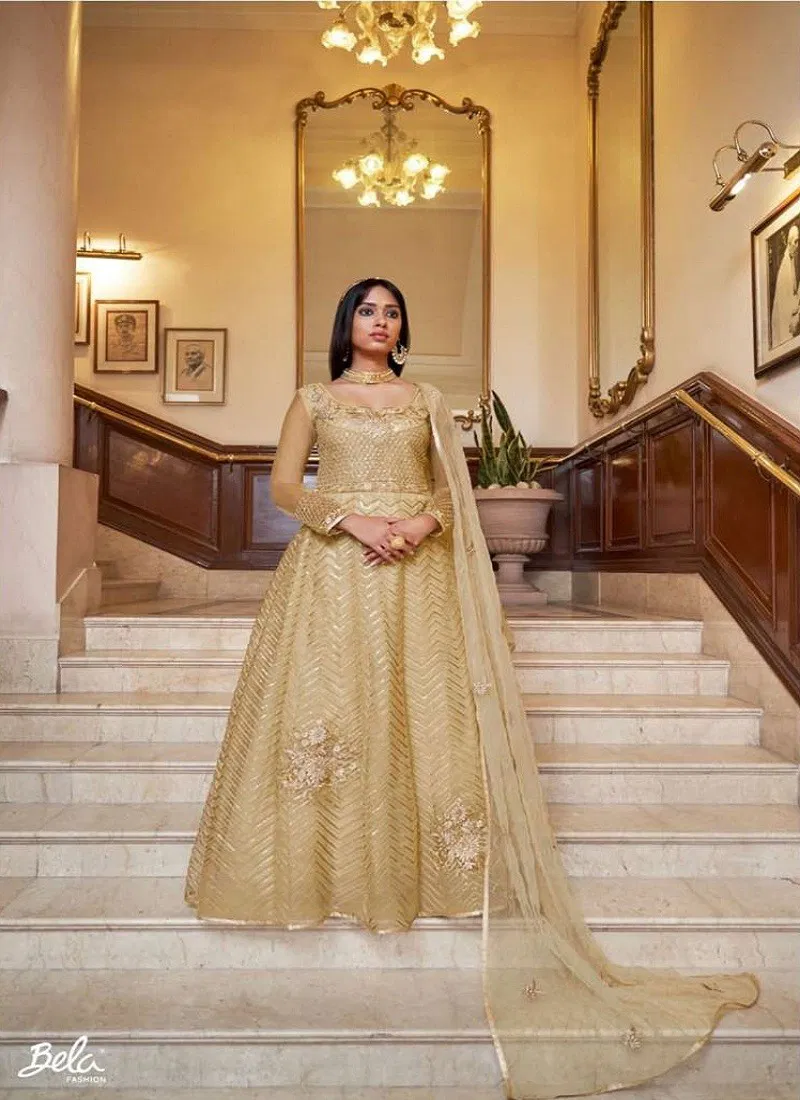 Cream Colour Sabhyata By Bela Wedding Wear Net Anarkali Suit Exporters In India 3008