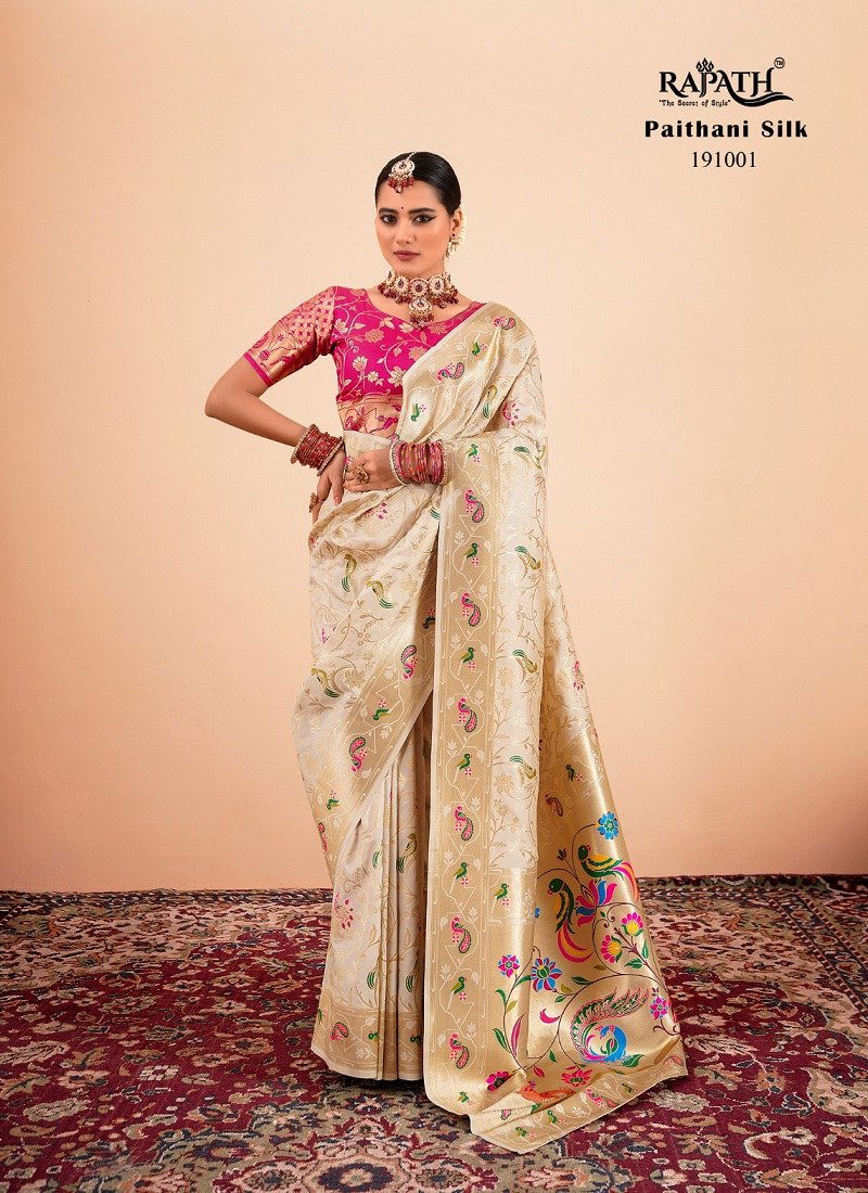 Cream Colour Shailja Silk By Rajpath Paithani silk Designer Wear Saree Wholesale Market In Surat 191001