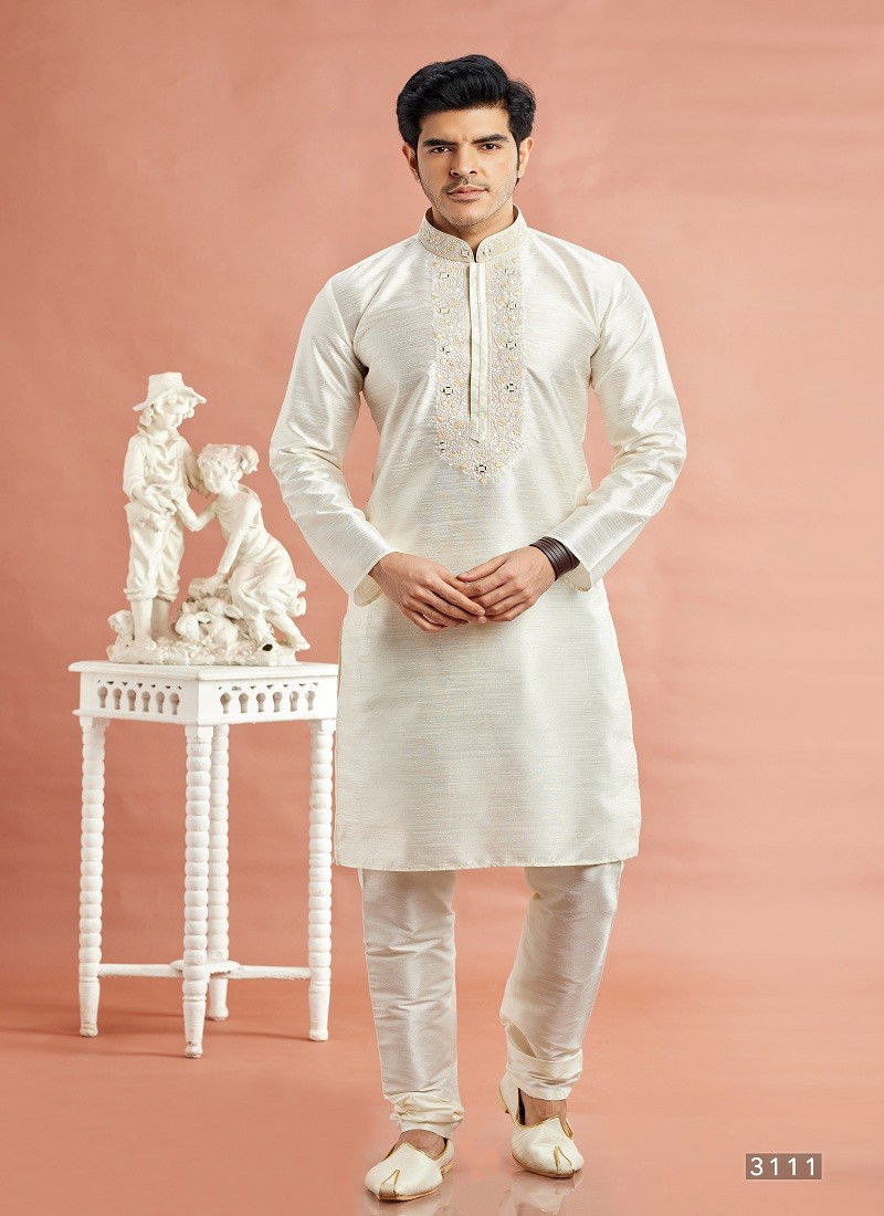 Cream Colour Vol 95 Wedding Wear Banarasi Art Silk Mens Kurta Pajama Surat Wholesale Market 3111