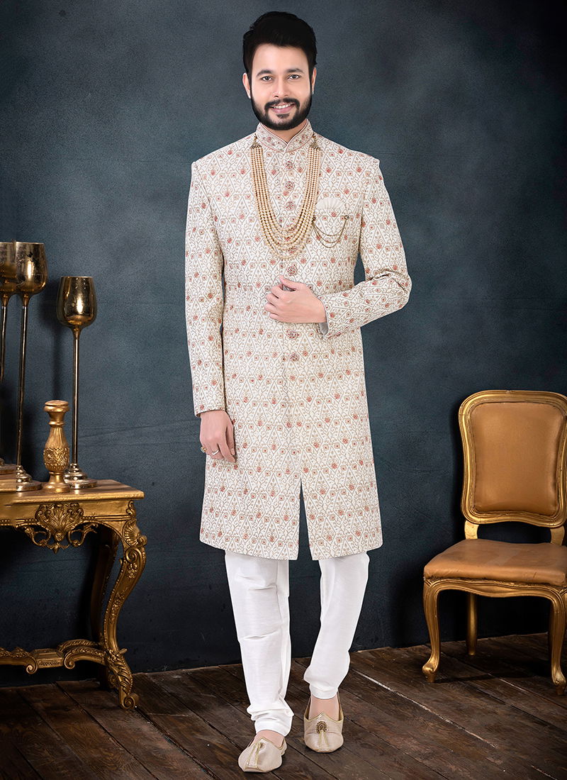 Cream Colour Wedding Wear Mens Wholesale Indo Western 1684