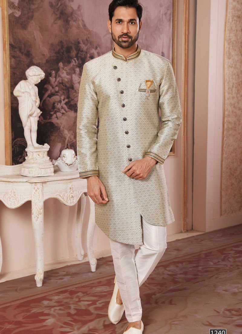 Cream Colour Wedding Wear Mens Wholesale Indo Western Catalog 1240