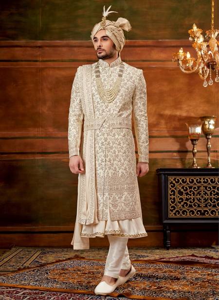 Cream Colour Heavy Wedding Wear Wholesale Sherwani Catalog 1002