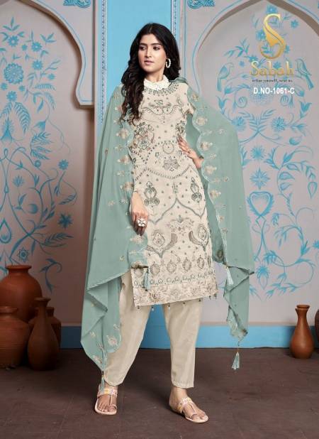 Cream Colour Zaira By Sabah Faux Georgette Dress Material Wholesalers In Delhi 1061-C