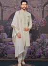 Cream Designer Heavy Art Embroidered Banarasi Silk Wedding Sherwani with Stole 180587