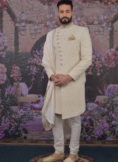 Cream Georgette Embroidered Fabric Fancy Wedding Designer Sherwani with Stole 180583