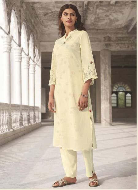 Cream Saanjh Omtex Linen Cotton party wear Handwork Kurtis comes with palazzo Collection J53 Catalog