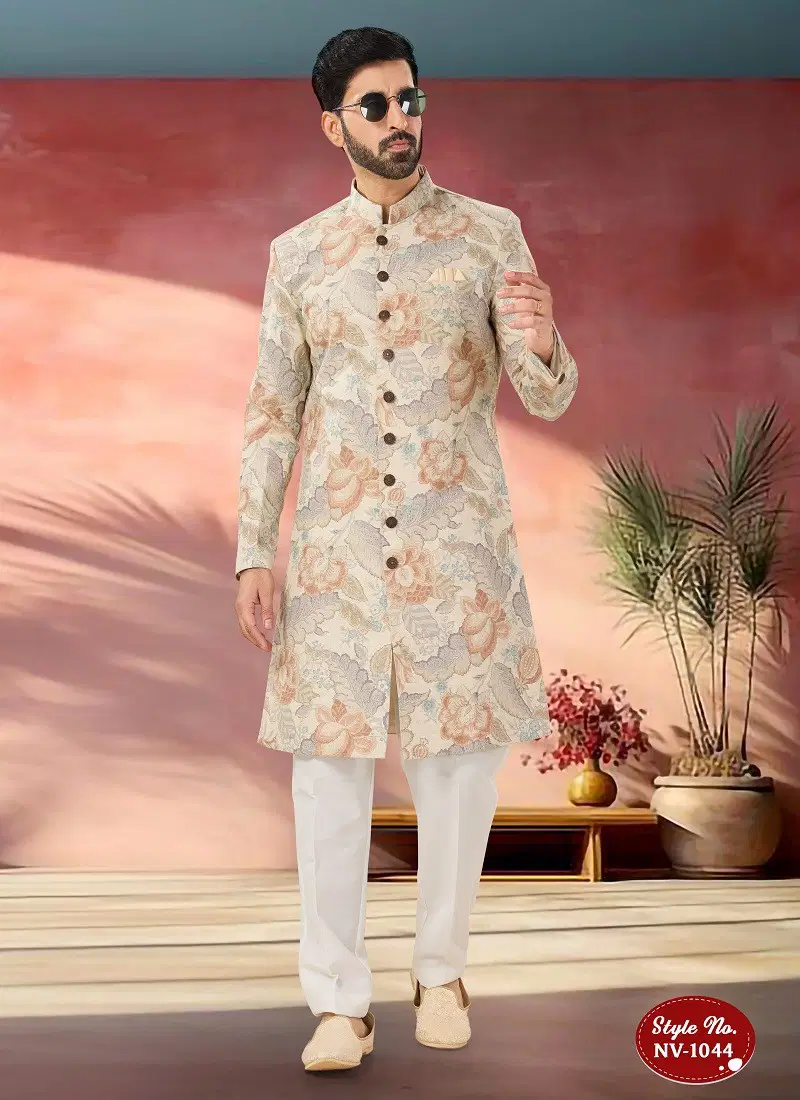 Cream Multi Colour 1651 2 Designer Party Wear Mens Indo Western Suppliers In India NV 1044