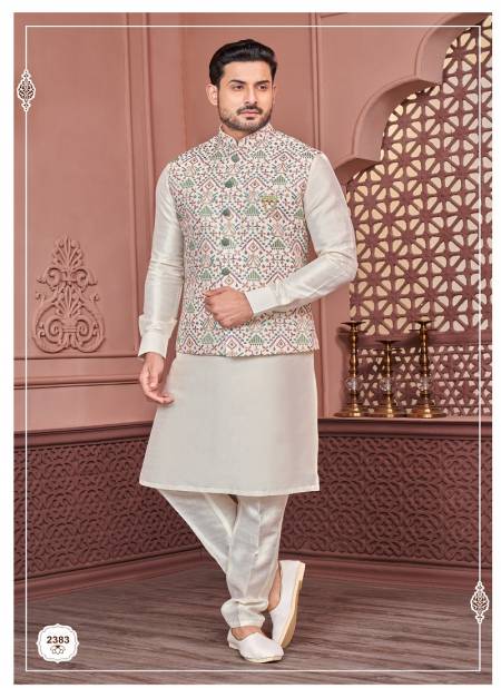 Cream Multi Colour Function Wear Art Banarasi Silk Mens Modi Jacket Kurta Pajama Wholesale Market In Surat 2383