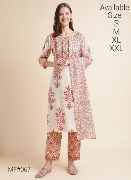 Cream Multi Colour Mesmora Heavy Embroidered Printed Cotton Kurti With Bottom Dupatta Surat Wholesale Market MF067