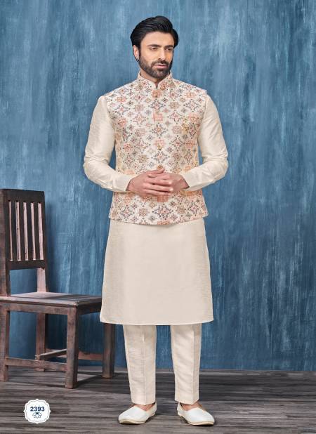 Cream Multi Colour Wedding Wear Art Embroidered Banarasi Silk Mens Modi Jacket Kurta Pajama Wholesale Manufacturers 2393