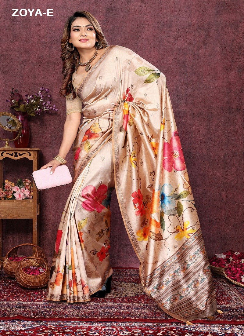 Cream Multi Colour Zoya By Shri Rana Silk Printed Saree Wholesale Market In Surat With Price ZOYA-E