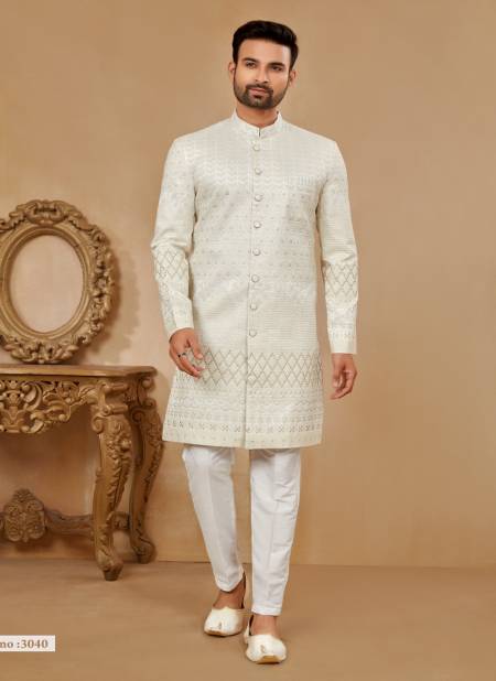Cream Off White Colour Party wear Exclusive Indo Western Mens wear Catalog 3040