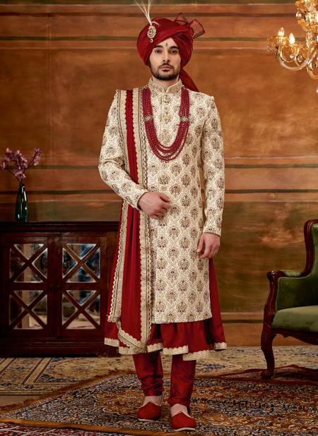 Cream Heavy Wedding Wear Wholesale Sherwani Catalog 1003