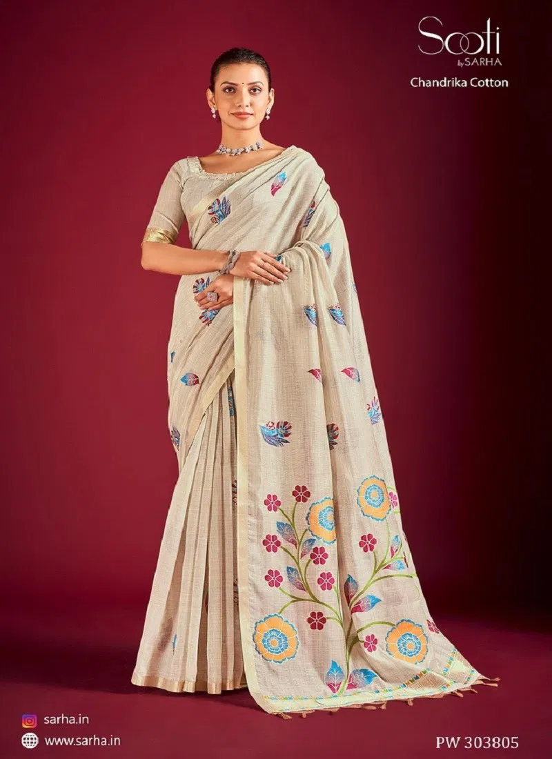 Cream Yellow Multi Colour Chandrika By Sarha Linen Designer Saree Suppliers In India PW 303805