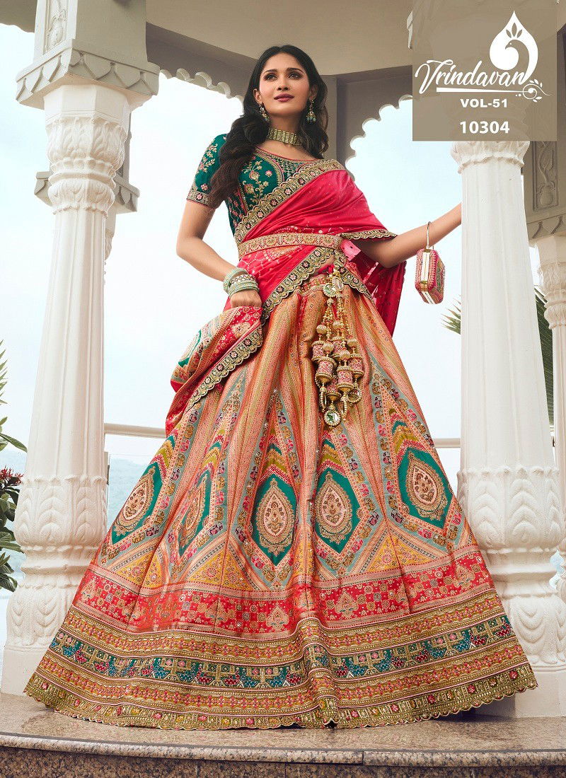 Creamy Peach Multi Colour Royal Vrindavan Vol 51 Silk Bridal Lehenga Choli Suppliers In India 10304