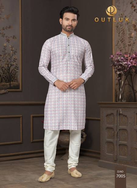 Crisp White Colour Outluk Wedding Collection Vol 7 Pintex Lucknowi Kurta Pajama Manufacturers 7005