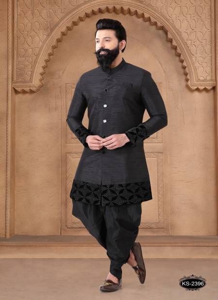 Dark Black Colour 1632 Wedding Mens Wear Silk Indo Western Suppliers In India 1632-KS 2396
