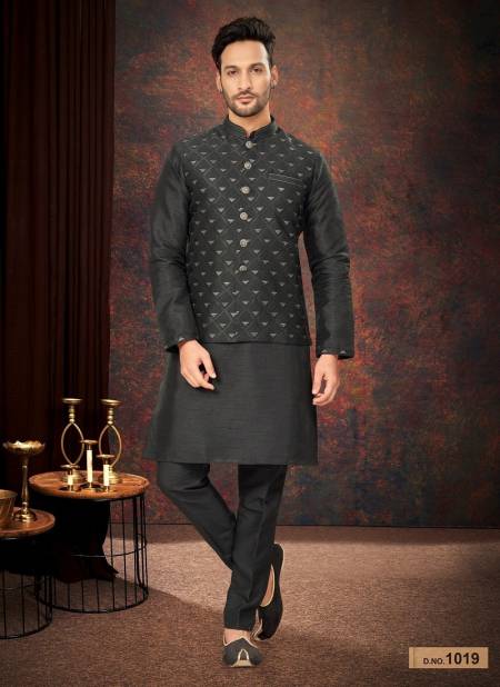 Dark Black Colour GS Fashion Party Wear Jacquard Mens Modi Jacket Kurta Pajama Wholesale Shop In Surat 1019