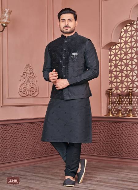 Dark Black Colour Occasion Wear Art Banarasi Silk Mens Modi Jacket Kurta Pajama Wholesale Market In Surat 2340