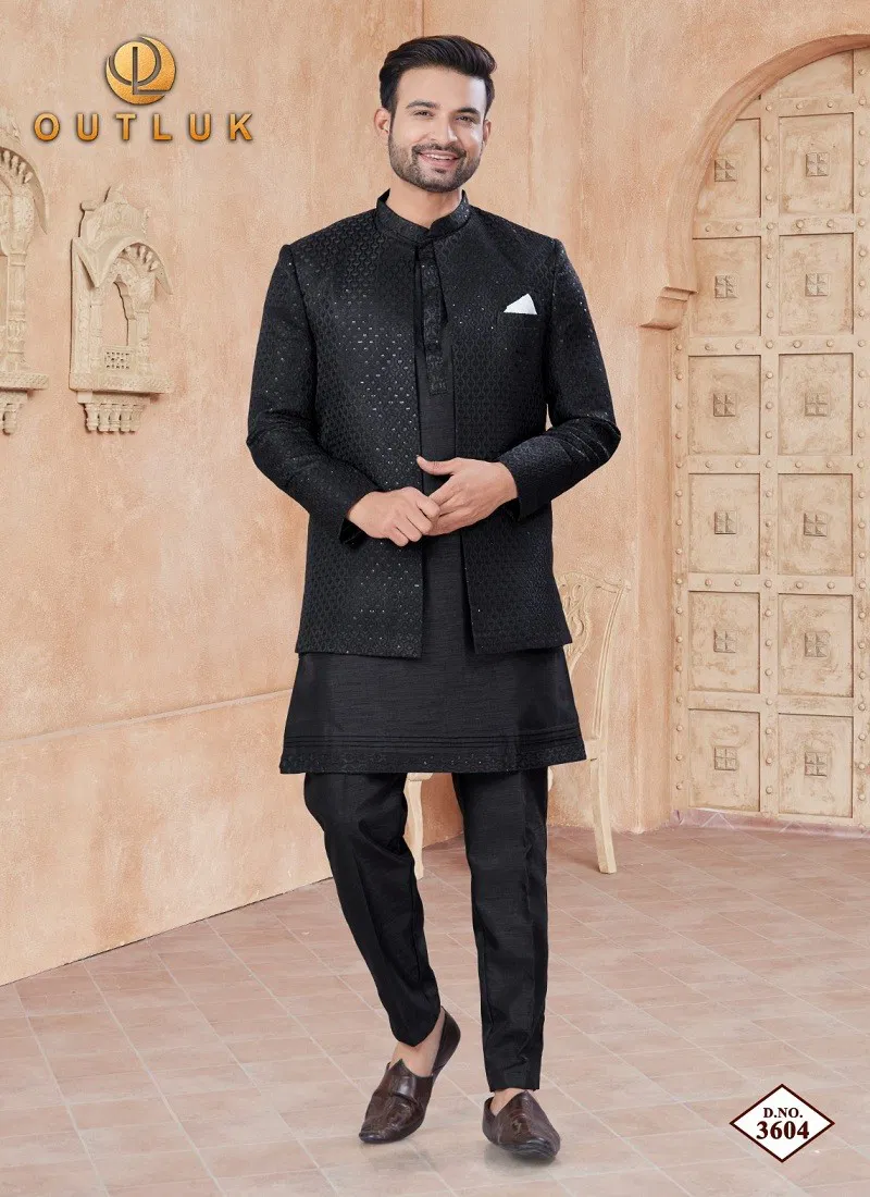 Dark Black Colour Outluk Wedding Collection Vol 36 Party Wear Mens Indo Western Wholesale Manufacturers 3604